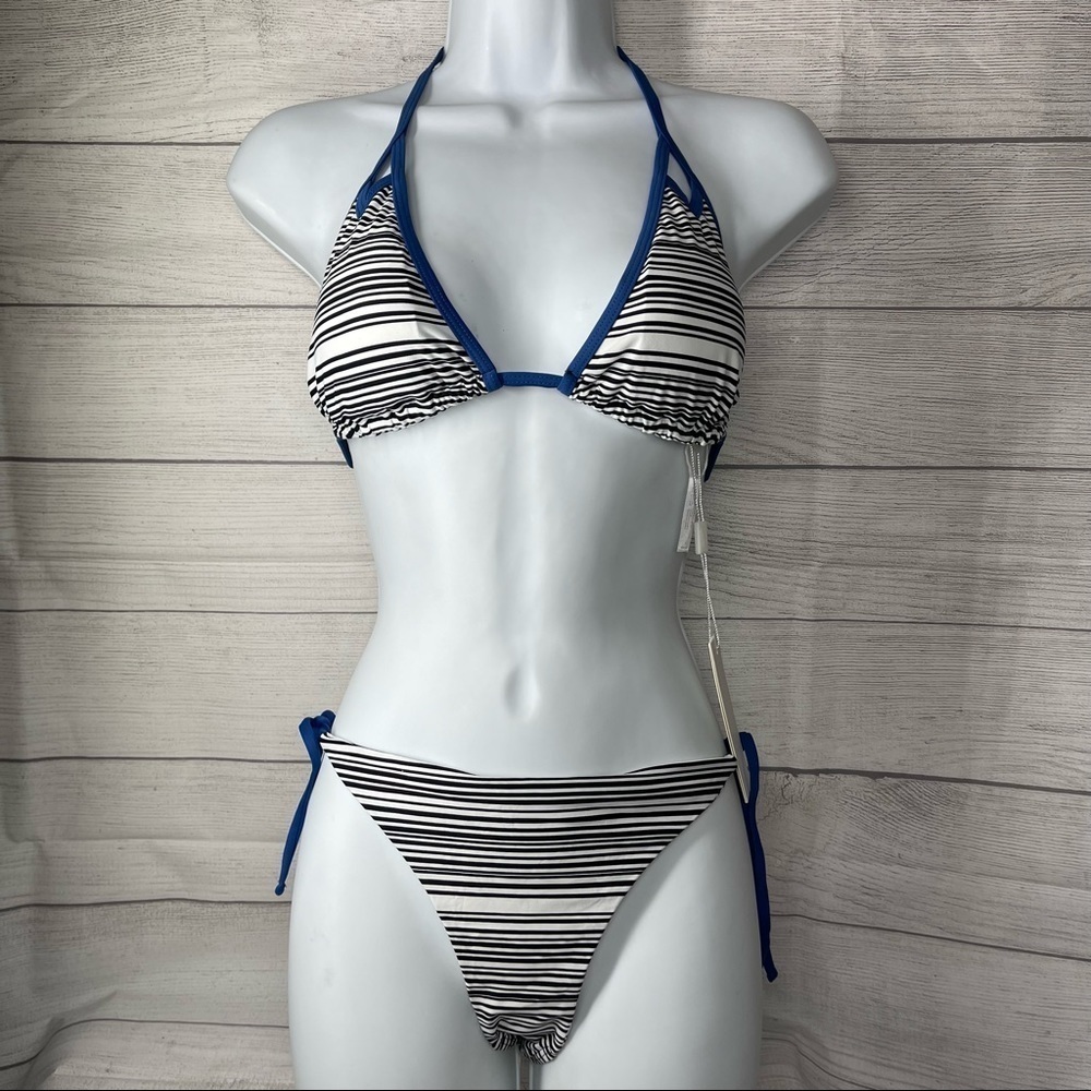 Elizabeth Jane Two Piece St. Criox Stripes Black White Blue Tie Bikini.